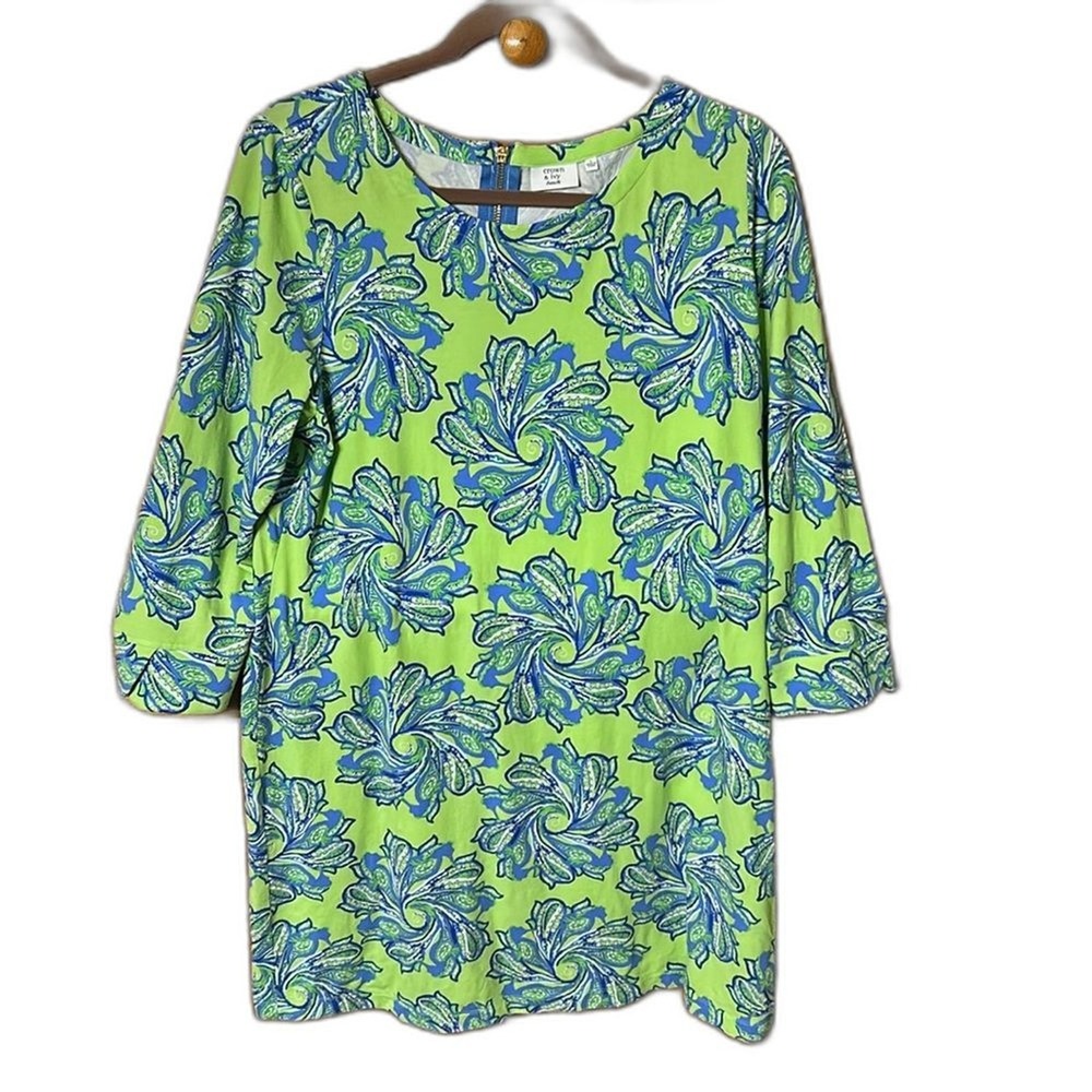 Crown & Ivy Palm Beach Dress Preppy Green Blue Paisley Shift 3/4 Sleeve Knit‎
